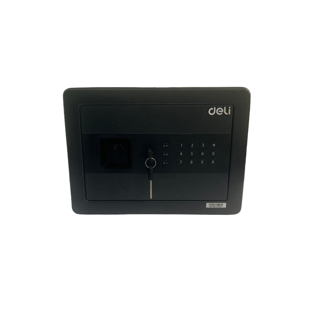 Black security safe mounted on a wall with a patterned wallpaper background.