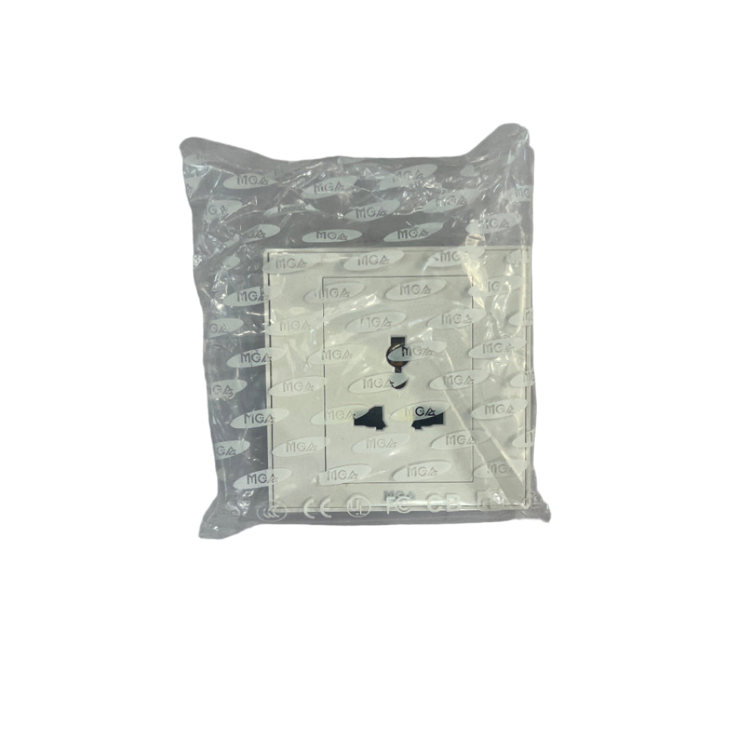 Square electrical outlet on a white wall with clear plastic cover