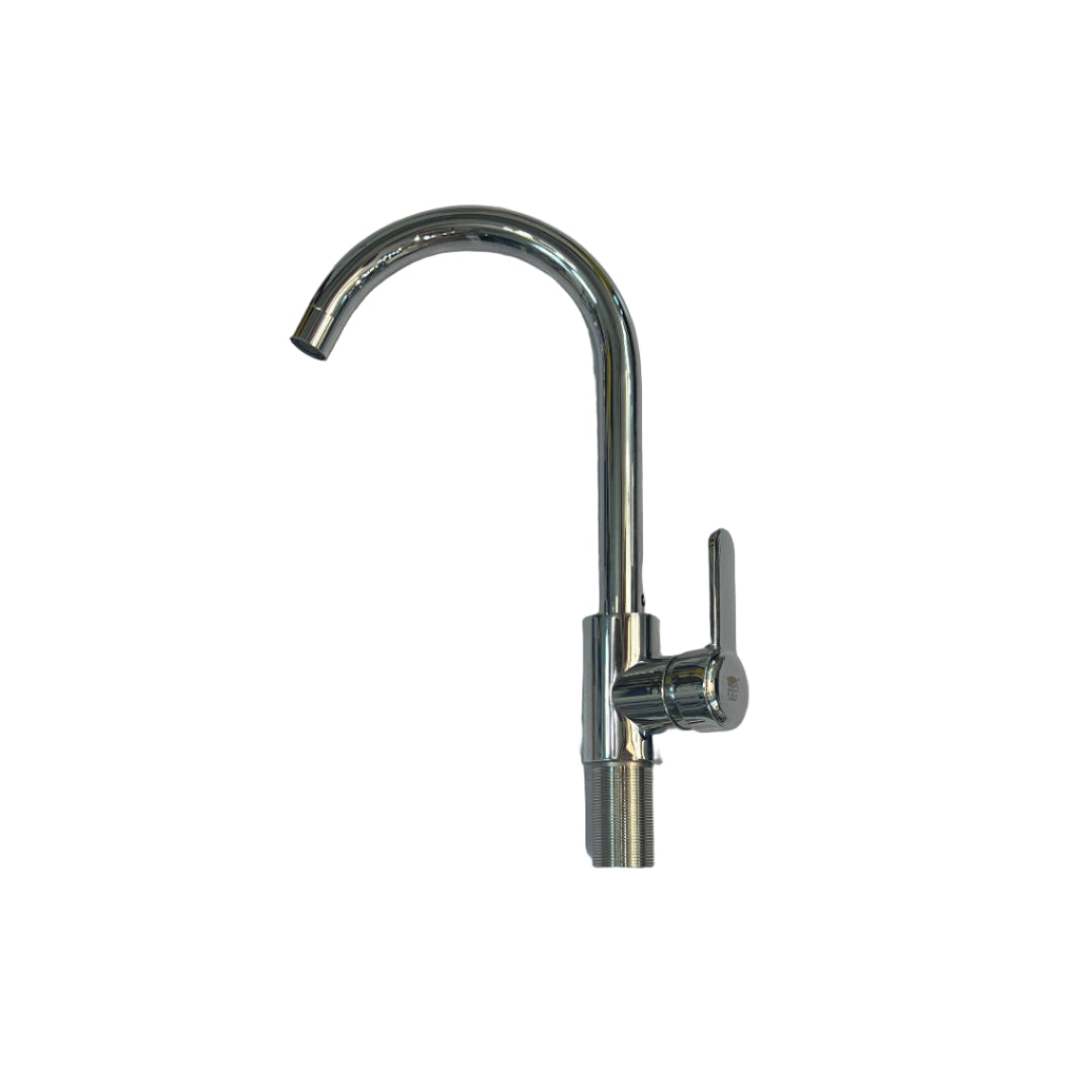 Chrome kitchen faucet on a white countertop with a mirror reflecting a person's legs.