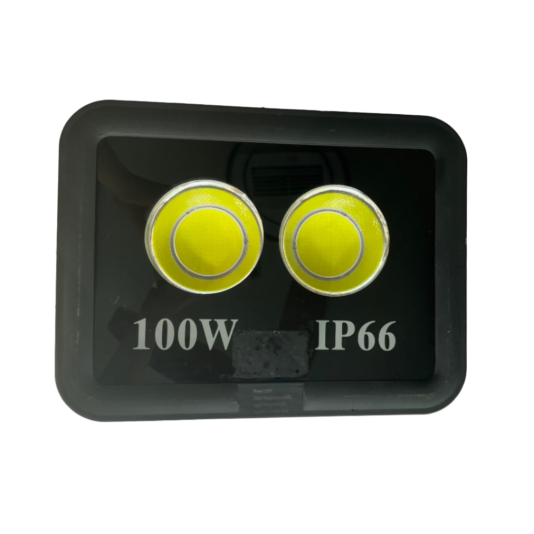 Two yellow lights in a black housing with '100W' and 'IP66' text on a white background