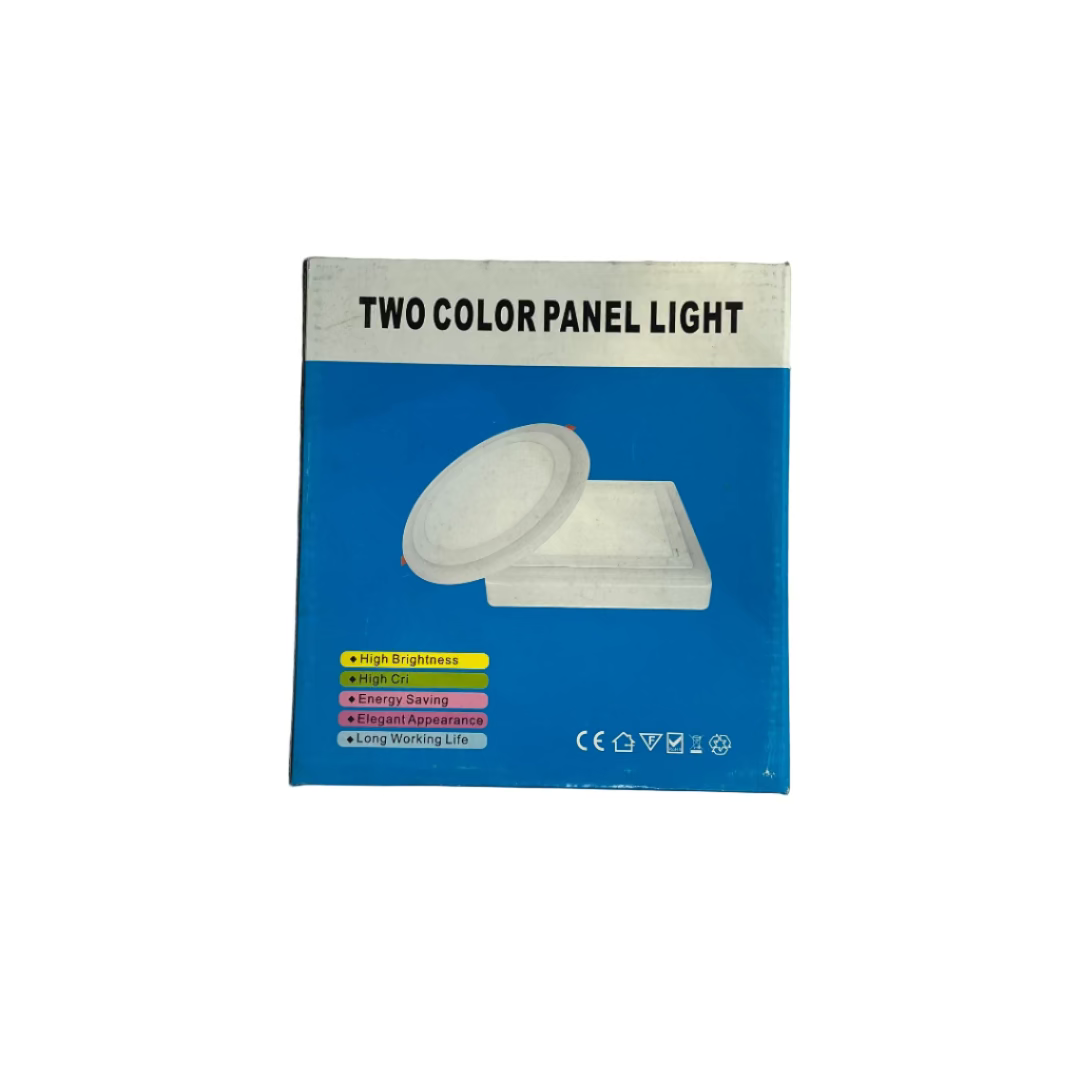 Box of a two-color panel light on a textured white background