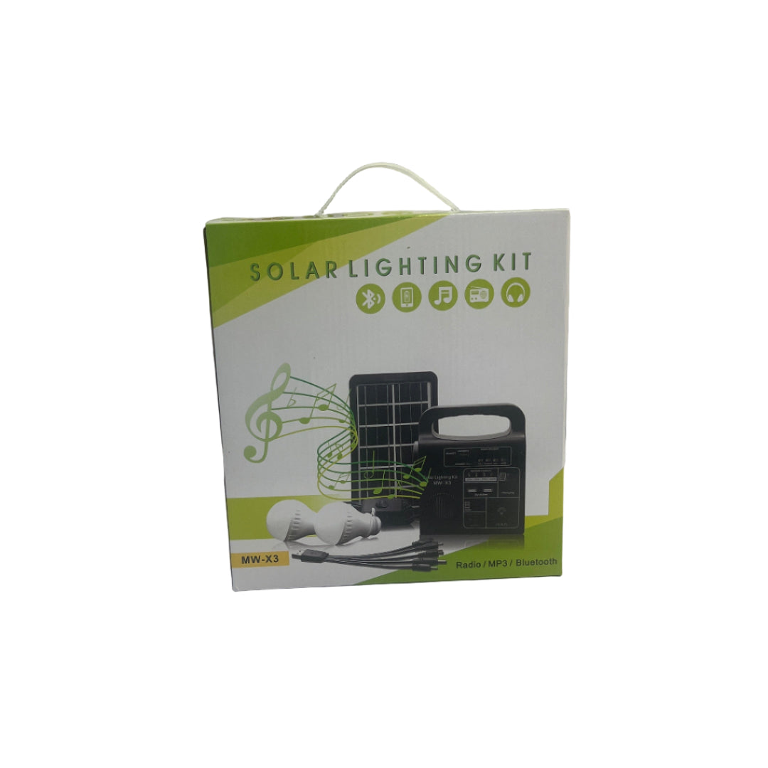 Solar lighting kit packaging on a whiteboard with a tiled wall background