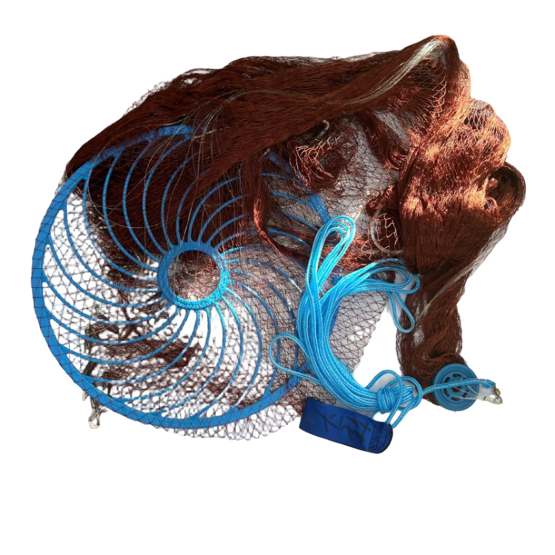 Fishing net with blue lines on a white surface