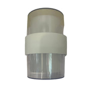 Clear cylindrical object with white base on a plain background