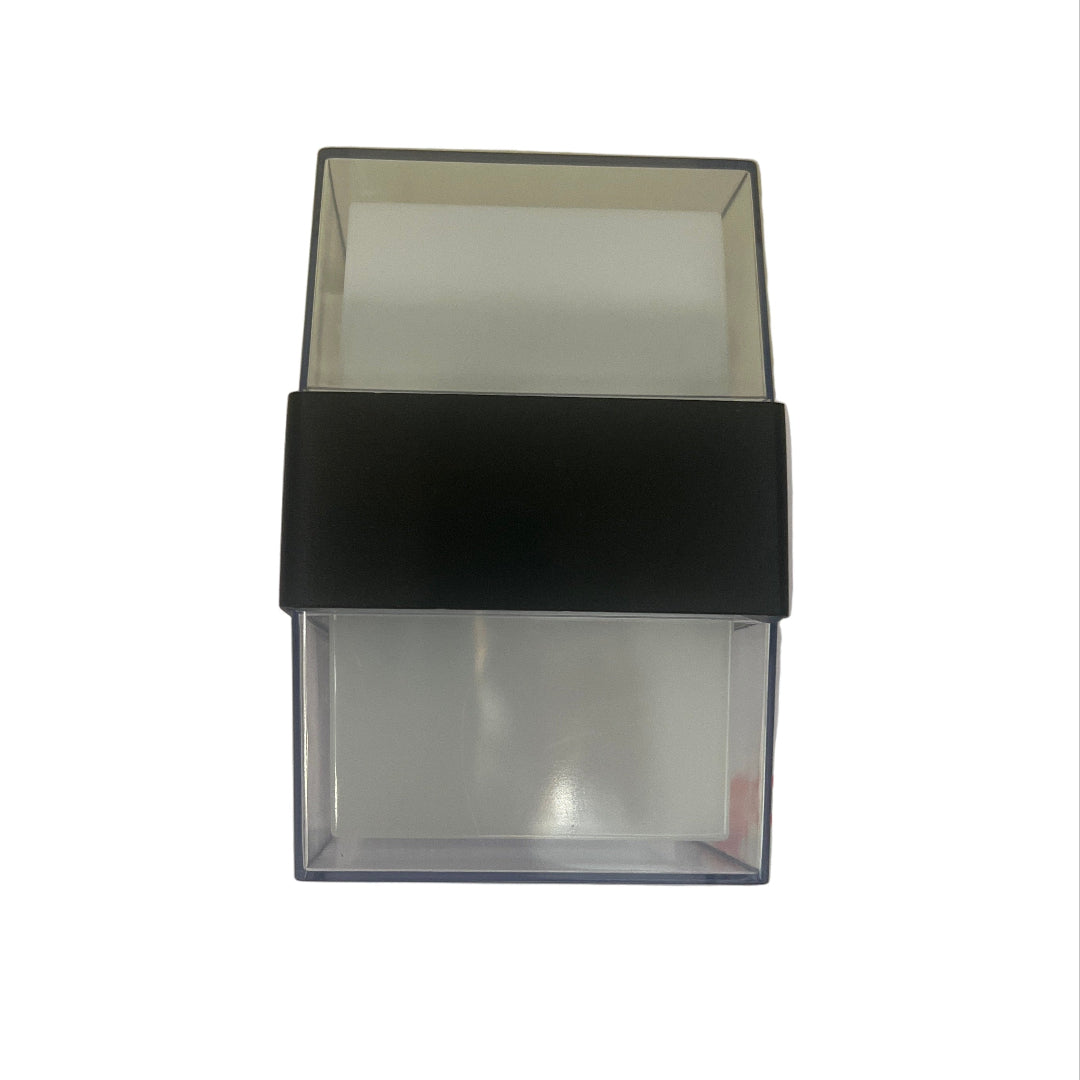 Clear plastic box with a black lid on a white background