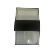 Clear plastic box with a black lid on a white background