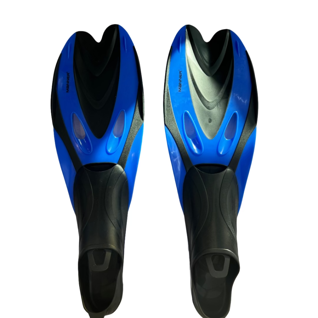 Pair of blue and black diving fins on a white surface