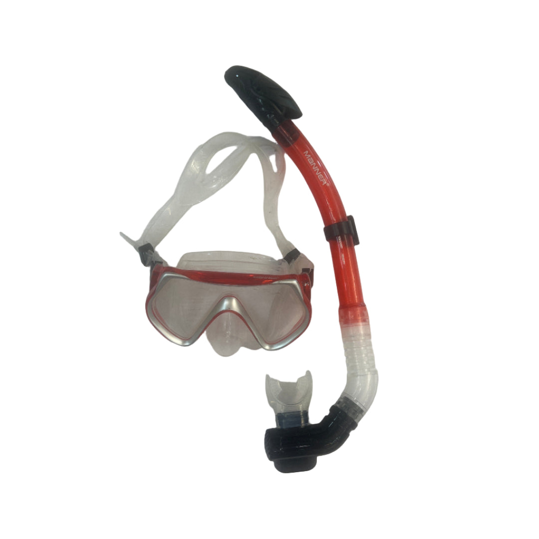 Diving mask and snorkel on a white surface