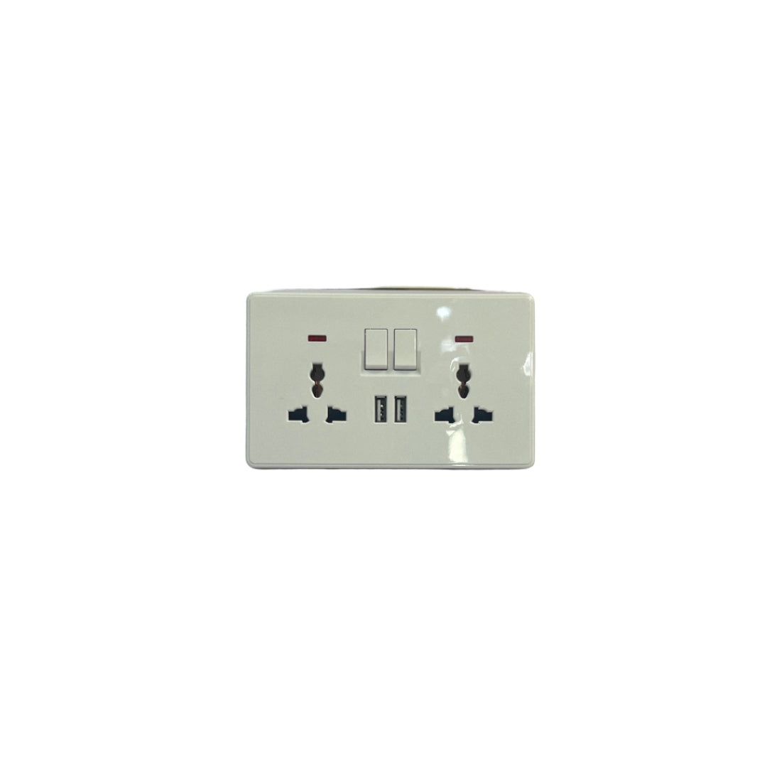Wall socket with multiple outlets on a white wall