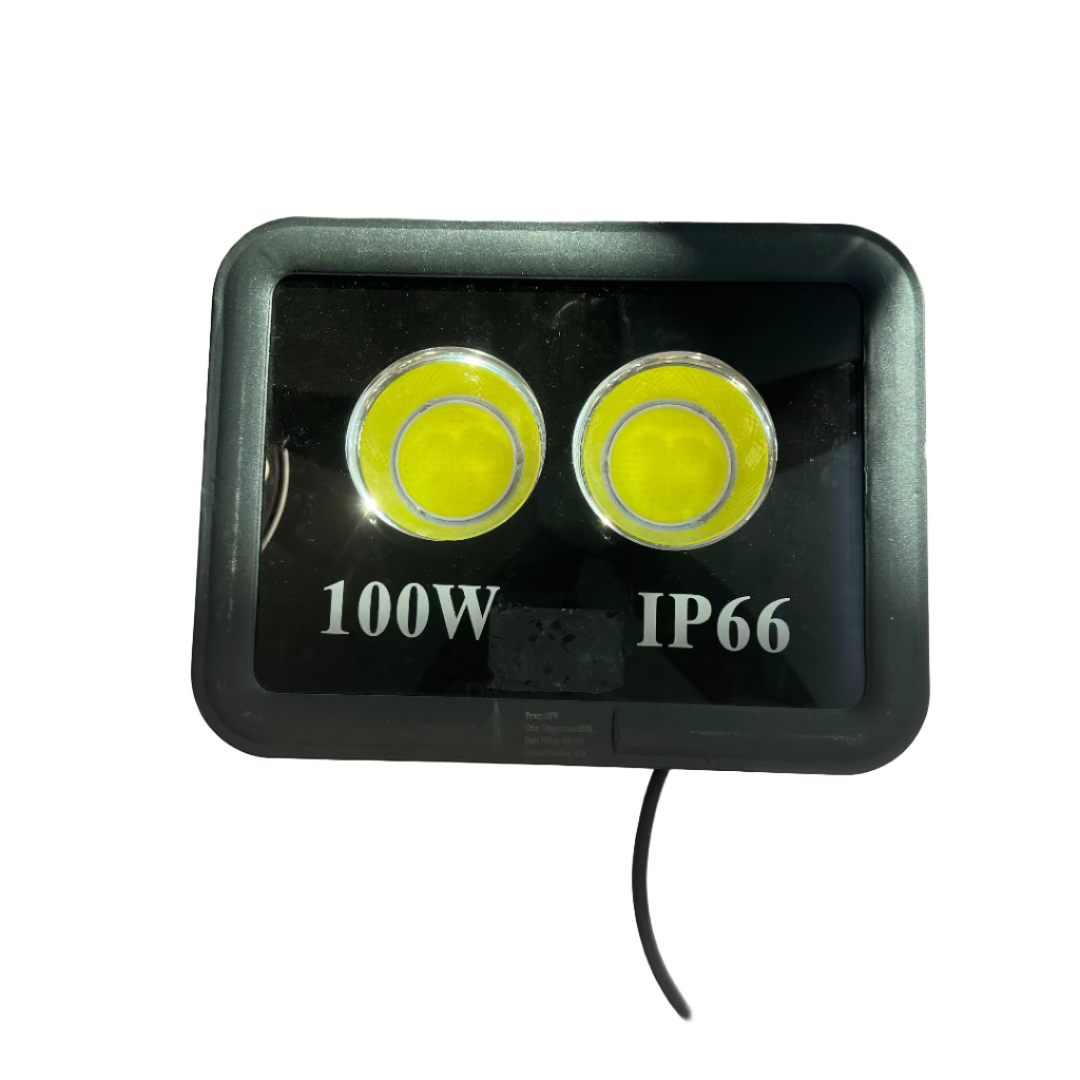 LED flood light with '100W' and 'IP66' rating on a white surface.