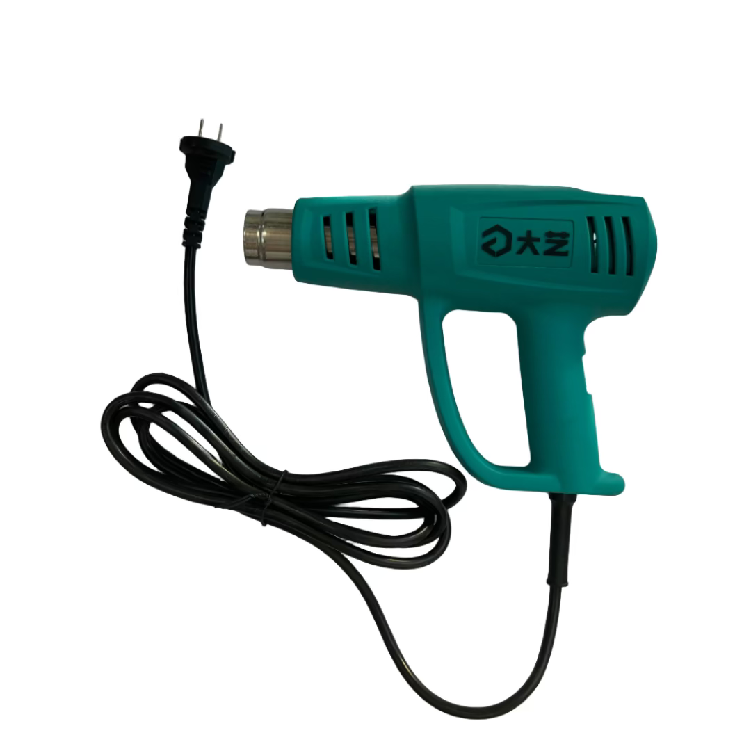 Green heat gun with power cord on a white surface