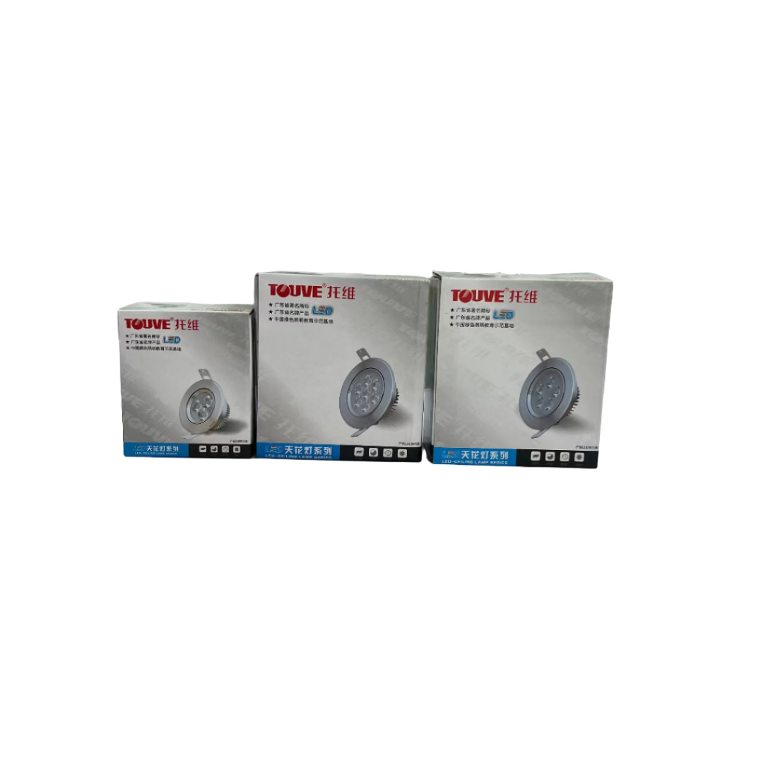 Three boxes with a brand logo on a white counter against a wall with posters and a window.