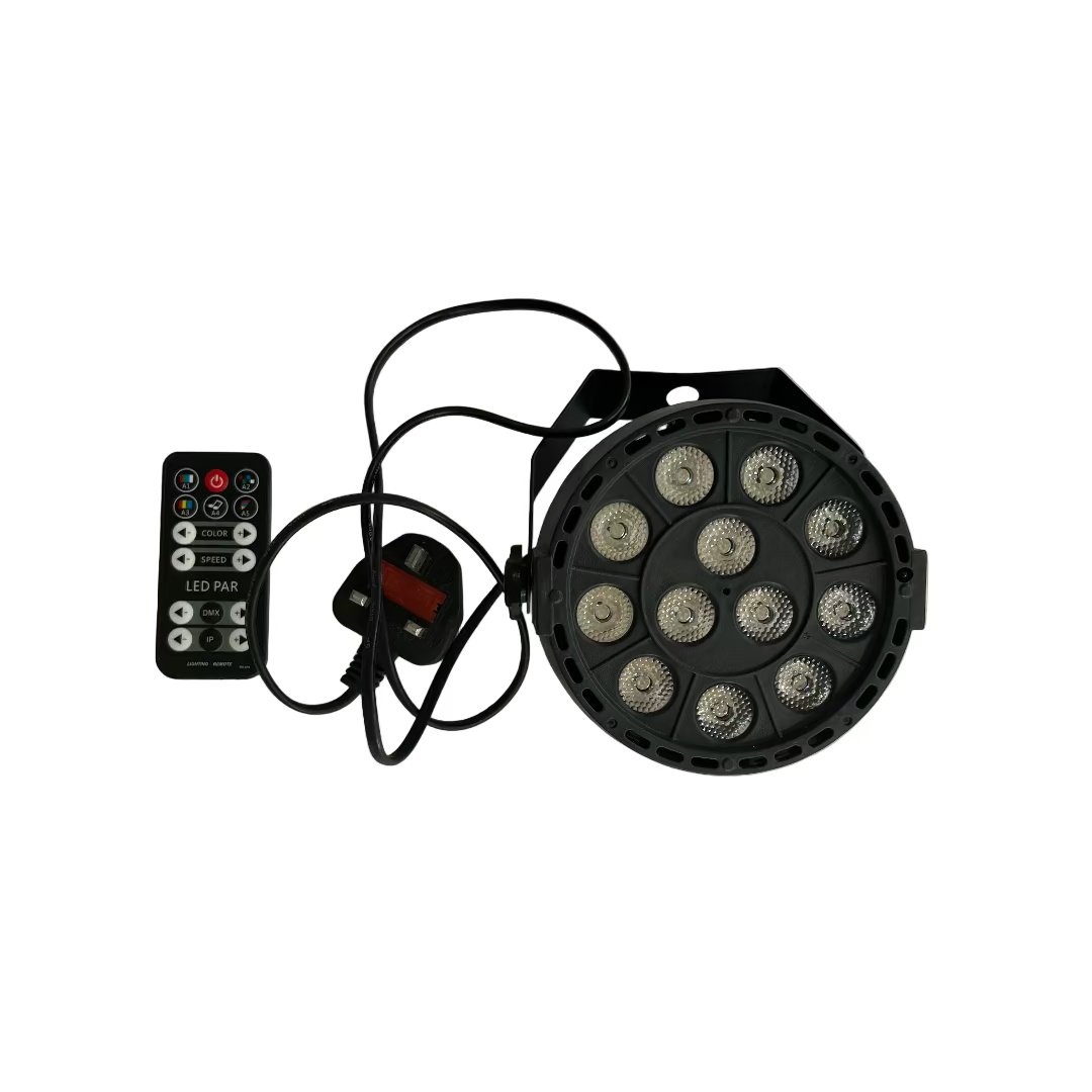 Black LED light fixture with remote control on a white surface