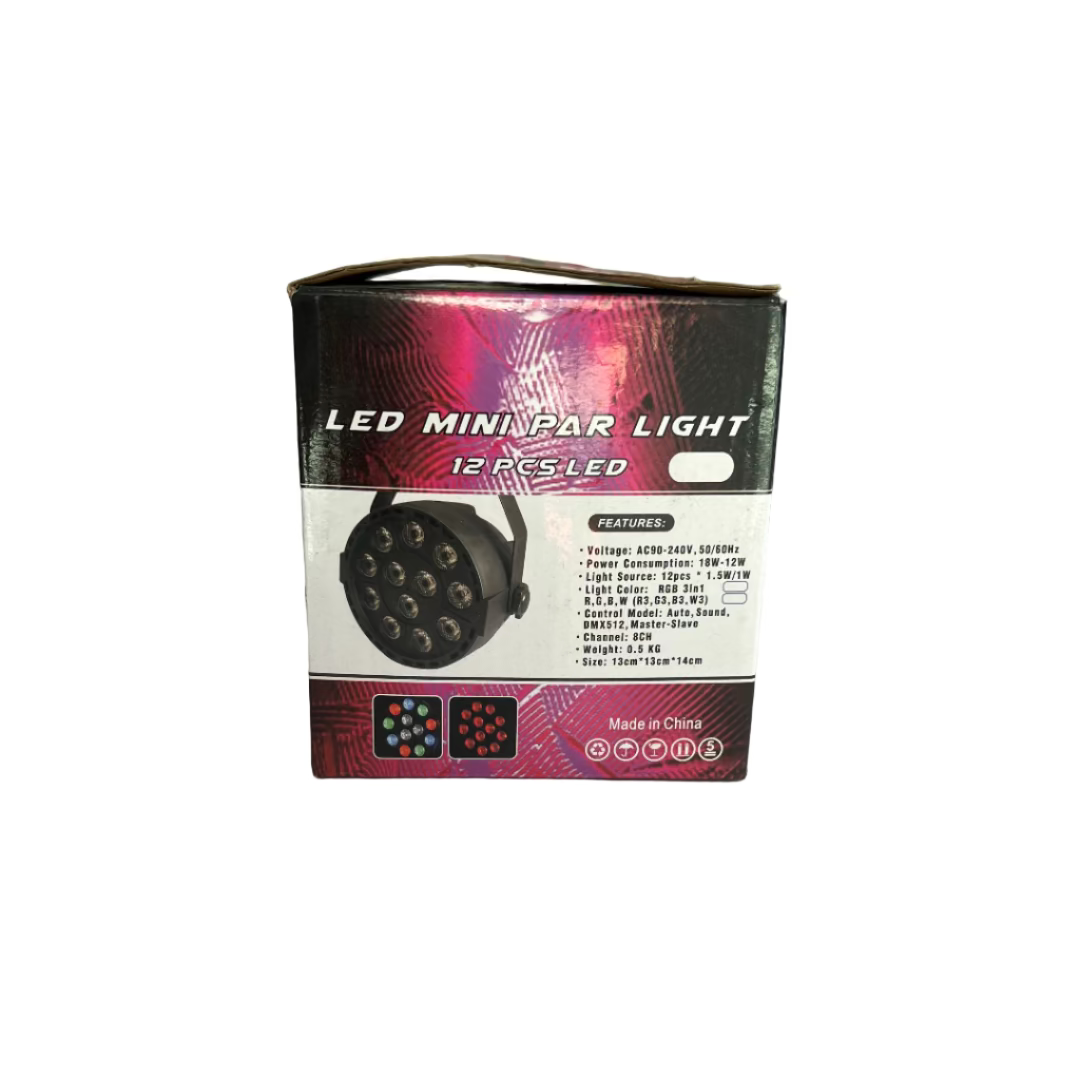 Box of LED mini par light on a white surface with a cluttered background