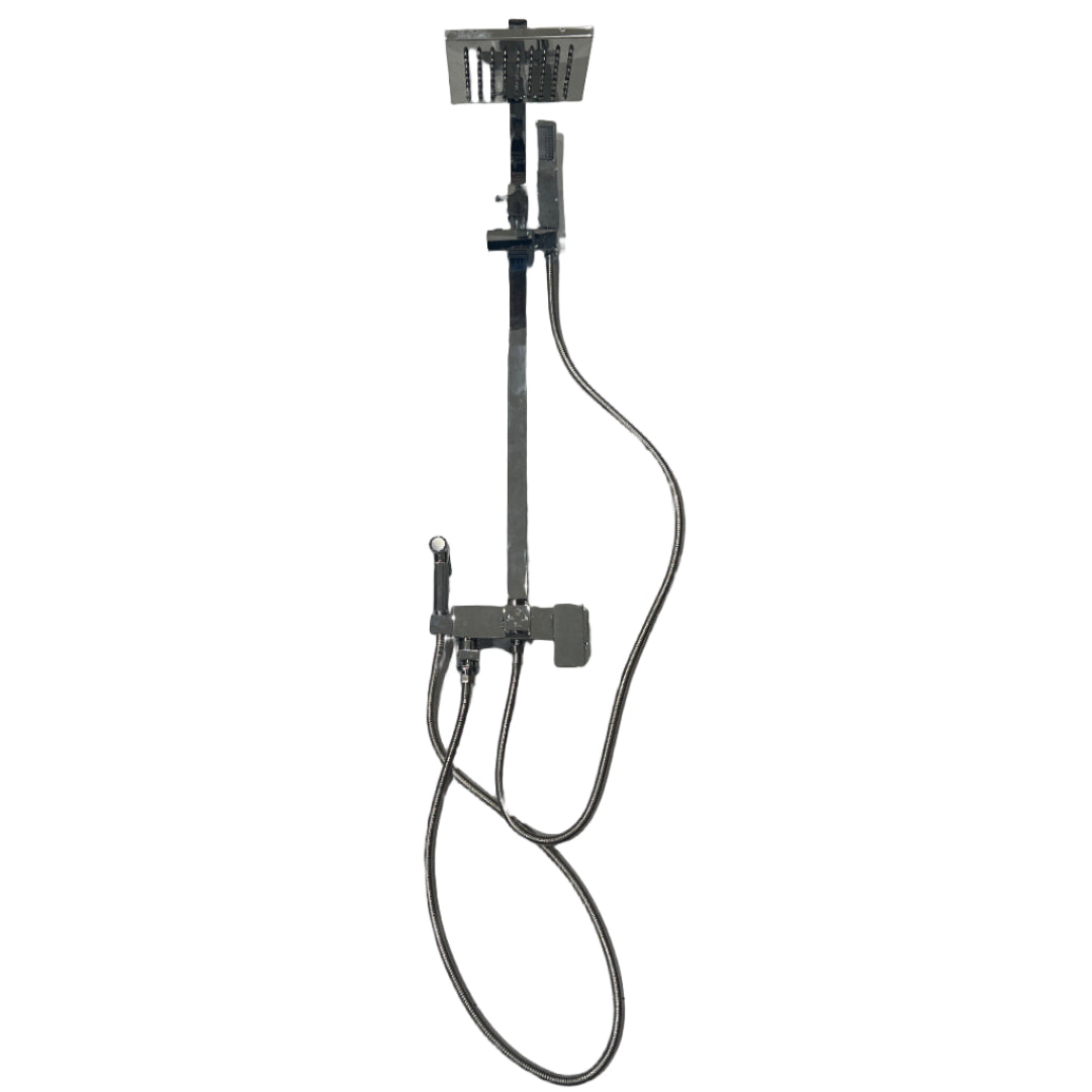 Metal shower head and hose on a tiled floor