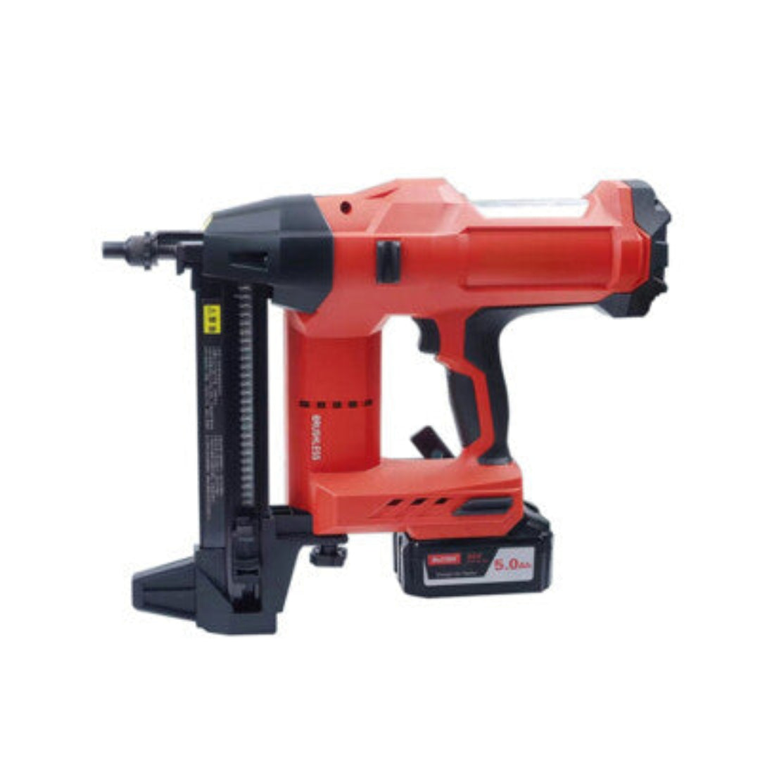 Red and black nail gun on a white background
