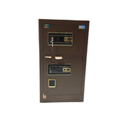 Brown security door with electronic locks on a white floor.
