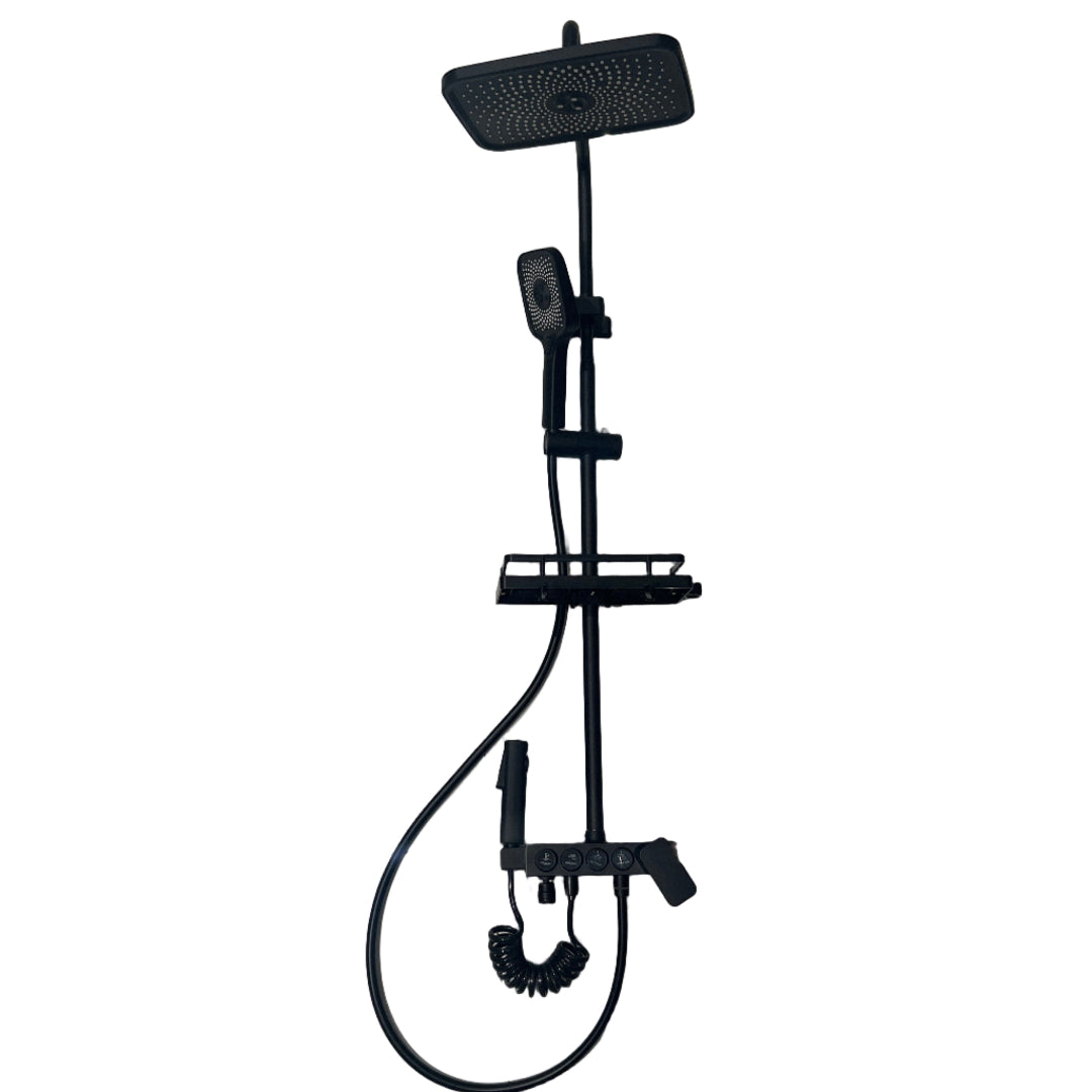 Black scooter component on a white tiled floor