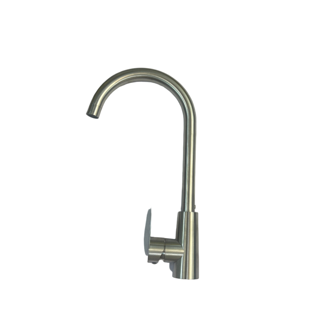 Metal kitchen faucet handle on a white surface
