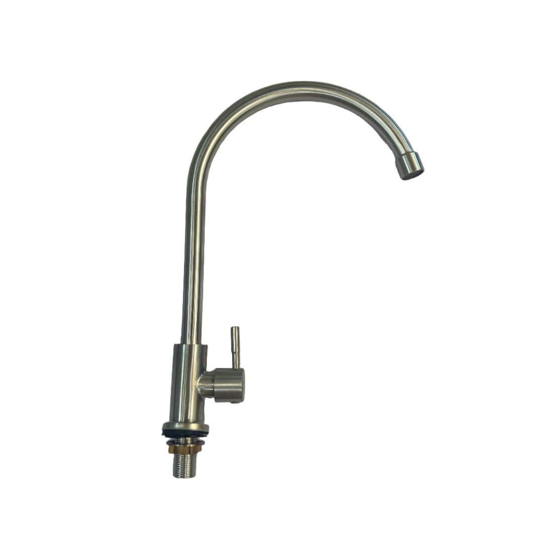 Metal kitchen faucet on a white surface