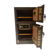 Decorative wooden box with intricate designs on a tiled floor